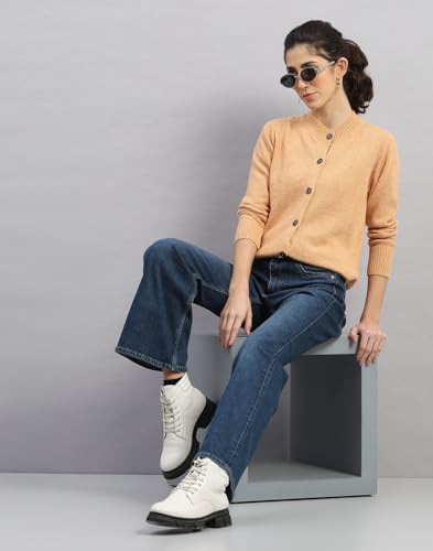 Monte Carlo Womens Regular Fit Solid Full Sleeve Round Neck Cardigan | Warm Woolen Buttoned Sweater for Ladies | Stylish Knitted Cardigan for Women's Orange XXL