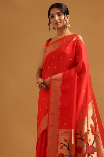 Soch Womens Red Tussar Woven Design Zari Woven Bird Motifs Saree