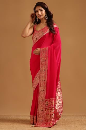 Soch Womens Fuchsia Satin Ethnic Motifs Zari Woven Saree