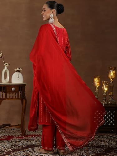 Libas Womens Woven Design Silk Blend Straight Kurta with Trousers and Dupatta