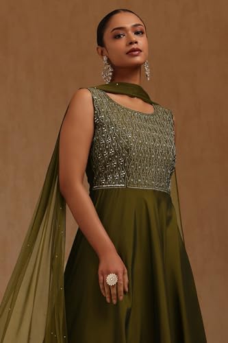 Soch Womens Olive Silk Embroidered Gown with Cutdana
