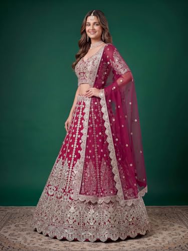 Zeel Clothing Women's Zari Sequins Embroidered Work Soft Net Lehenga Choli With Dupatta (6013-Pink-Womens-Lehenga-Choli-New; Free size)