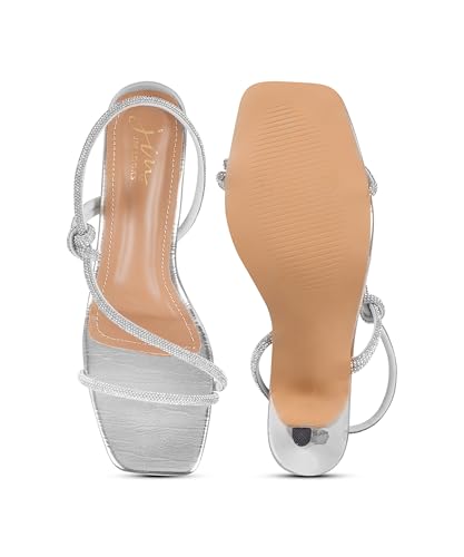 JM LOOKS Women’s Strappy Stiletto-Heeled Sandals with Slim, Embellished Criss-Cross Straps and a Square Toe for Parties, Evening Events, or Special Occasion - Silver