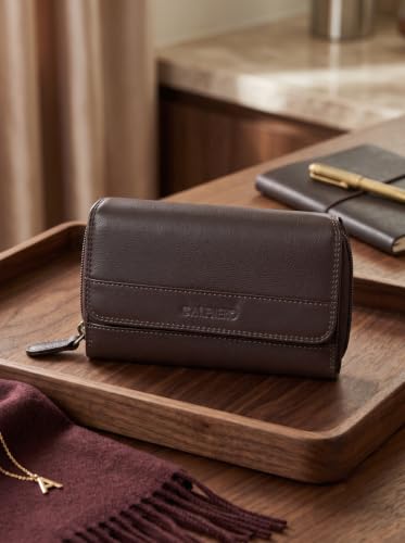 Calfnero Zodiac Women's Genuine Leather Large Zip-Around Wallet - RFID Blocking Clutch Purse | Organizer with 7 Card Slots, ID Window & 2 Secure Compartments - Dark Brown