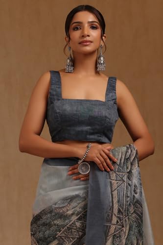 Soch Womens Grey Chanderi Digital Print Saree