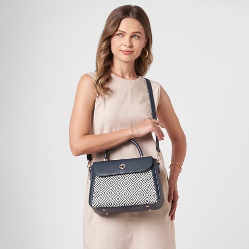 Caprese Wind Medium Satchel Bag for Women | Woven Texture Faux Leather Shoulder Bag with Adjustable & Detachable Strap | Dual Zipper & Magnetic Button Closure for Office & Casual Use (Midnight Blue)