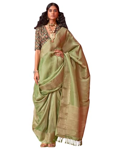 AKHILAM Women's Light Green Tissue Ethnic Motif Woven Design Saree With Unstitched Blouse (KLAILA400006_RJ)