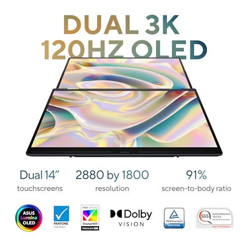 ASUS Zenbook Duo Laptop, Dual 14” OLED 3K 120Hz Touch Display, Intel Evo Certified, Intel Core Ultra 9 285H, Intel Arc Graphics, 32GB RAM, 1TB SSD, Windows 11, Inkwell Gray, UX8406CA-PS99T