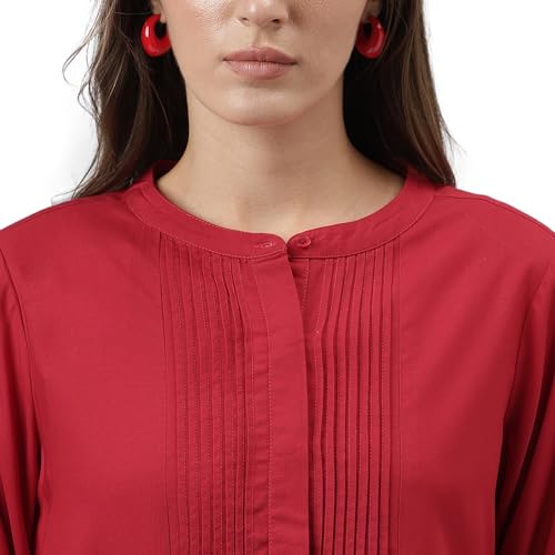Latin Quarters Women Red Mandarin Collar Long Sleeves Solid Shirt for Casual Wear_XXL