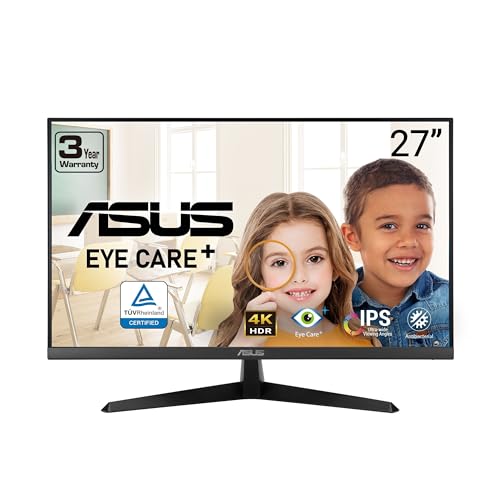 ASUS Eye Care Monitor 27" 4K (VY27UQ) - UHD (3840 x 2160), IPS, HDR10, Adaptive Sync, Eye Care Plus, Display Port, HDMI, Speaker, DisplayWidget, Blue Light Filter, Flicker Free, Warranty 3