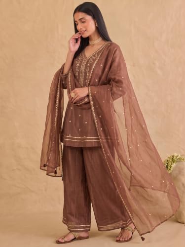 Varanga embroidered brown kurta set with palazzo and dupatta.
