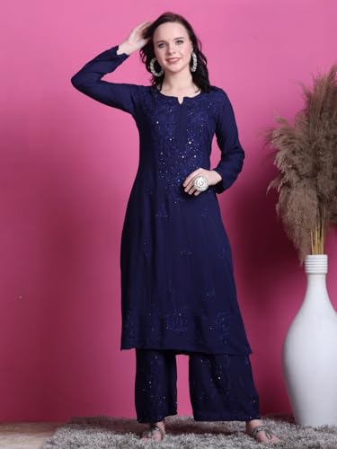Fashion Chikan Art Women's Lucknowi Rayon Mukaish Chikankari Straight Kurti And Palazzo Set (IN, Alpha, 2XL, Regular, Navy Blue)