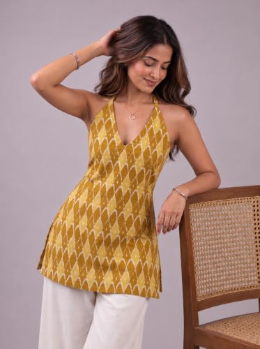 Rangrooh Women's Cotton Printed Short Corset Kurti | Halter Neck Sleeveless Backless Lace-Up Tie | Indo-Western Summer Ethnic Kurti (Yellow) - L