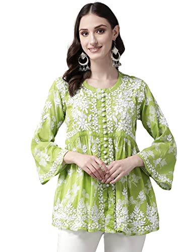 Ada Lucknow Chikankari Hand Embroidered Cotton Blend Green Short Kurti Top Tunic for Women A911269 (3XL)