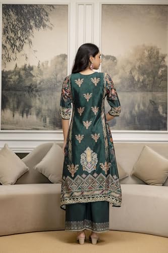 NIVANA Embroidered & Printed Asymmetric Kurta with Palazzo & Printed Dupatta | XXL | Teal | Paisley & Floral Print | 3 Piece Ethnic Set