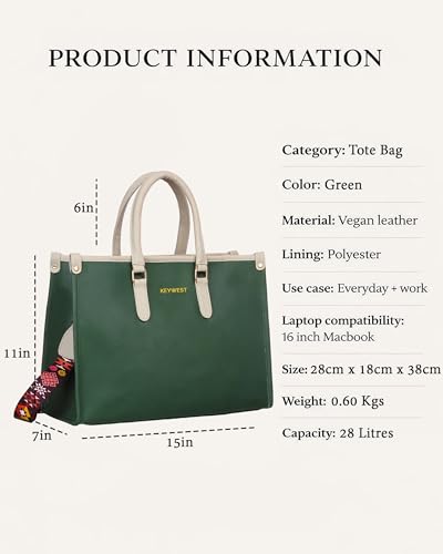 Keywest Women's Voyage Luxe Tote Handbag for Women | Hobo Bag for Work | Ladies Purse | Stylish Shoulder Bag | Gift For Women | Green