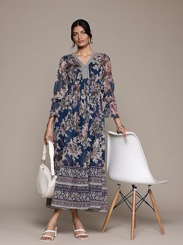 Aarke Ritu Kumar V-Neck Full Sleeve Printed Dress Blue