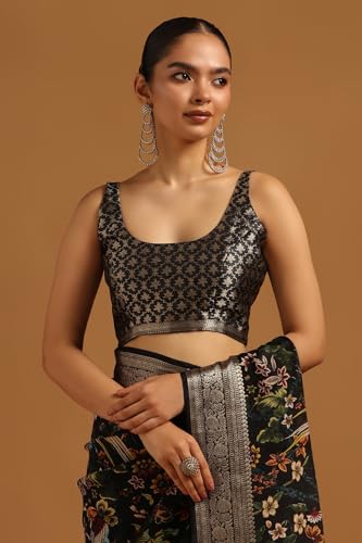 Soch Womens Black Silk Blend Botanical Saree With Zari Woven