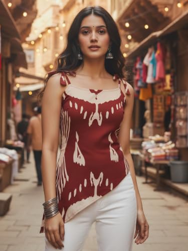 Dora Dori Women Viscose Rayon Ikkat Printed Kurti | Round Neck Sleeveless Asymmetric Hemline Corset Back Tie-Up Detailing | Maroon and Beige Short Kurti for Women | Casual, Office & Daily Ethnic Wear