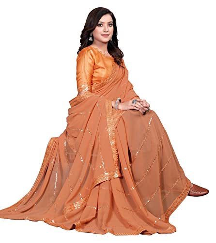 Pratham Blue Women's Sequins Georgette Fancy Saree with Blouse piece (PB-102_Orange)