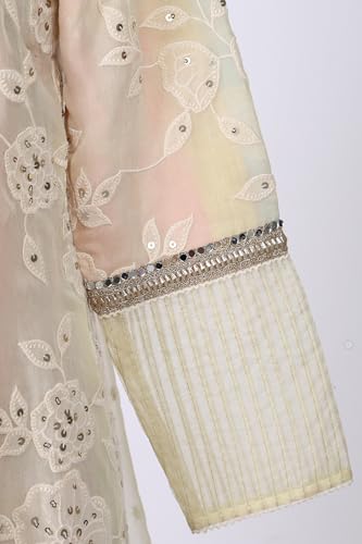 Wishful Women’s Powder Yellow Sequins Embroidered Straight Georgette Kurta with Straight Pants and Dupatta Set - (SP13602-400512-S)