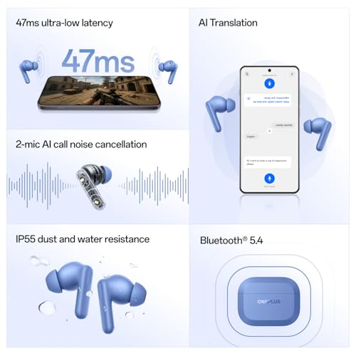 OnePlus Nord Buds 3r TWS Earbuds up to 54 Hours Playback, 2-mic Clear Calls, 3D Spatial Audio, AI Translation, 12.4mm Drivers, Dual-Device Connectivity, 47ms Low Latency - Aura Blue
