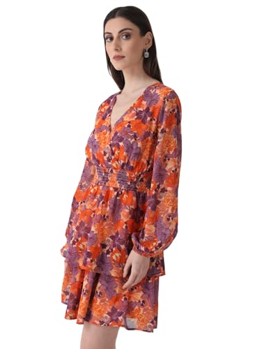 Kazo Solid V Neck Poly Blend Women's Mini Dress (Peach, Small)