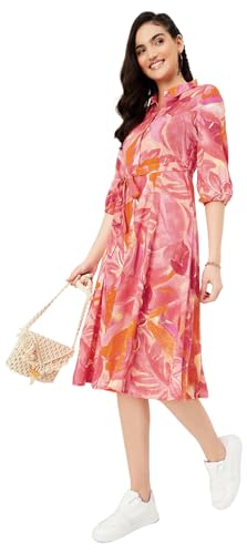 Max Women Floral Printed Casual Dress Midi Dress (MDDRS41005PINK)_L