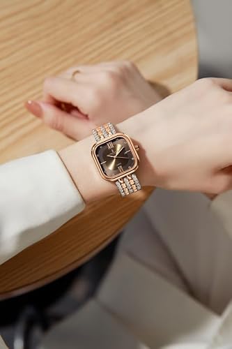 London Fog Bloomsbury Collection Analog Quartz Watch for Women with Brown Sunray Square Dial, Roman Numeral and Crystal Hour Markers, Date Display, Rose Gold & Silver Stainless Steel Strap LFW20008-22