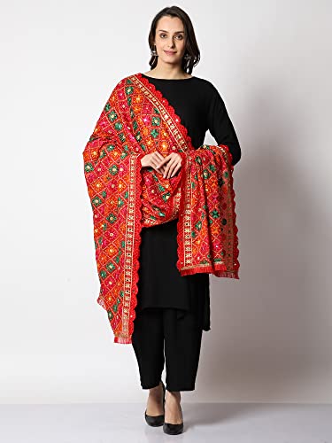 SWI WITH LABEL Women's Embroidered Phulkari Chiffon Dupatta(SFD55_Multicolored)