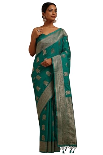 Soch Womens Teal Tussar Floral Zari Woven Saree