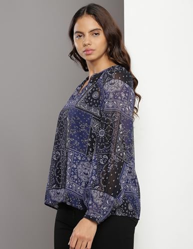 Tommy Hilfiger Navy Blue Polyester Printed V-Neck Full Sleeves Regular Fit Women Blouse (F23HWWT014) Size-L