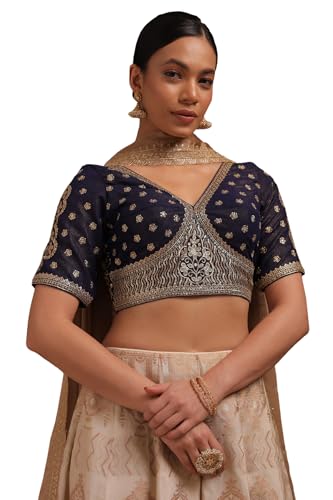 Soch Womens Navy Blue Georgette Embroidered Padded Blouse with Zari