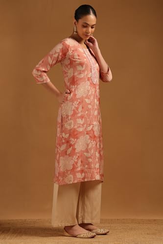 Soch Womens Peach Chanderi Floral Embroidered Kurta