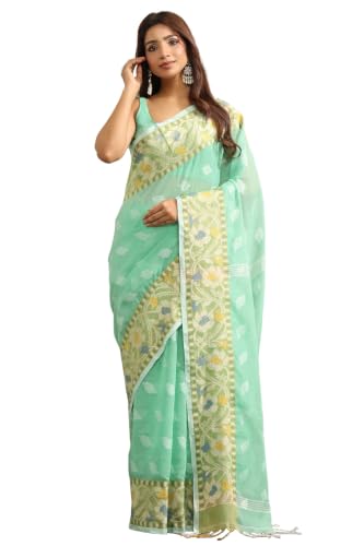Soch Womens Light Green Cotton Jamdani Woven Saree