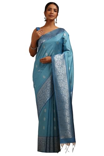 Soch Womens Blue Tussar Zari Woven Saree