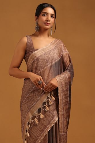 Soch Womens Earth Tussar Ethnic Motifs Saree With Kantha Embroidery