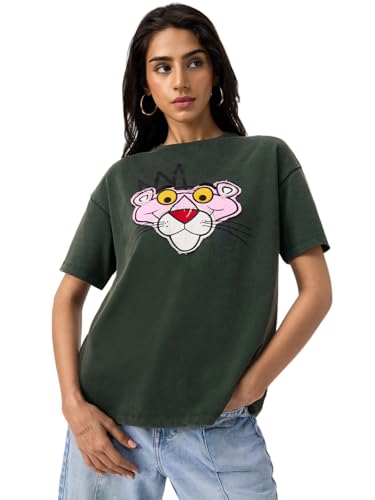 The Souled Store Pink Panther: Crowned Women and Girls Short Sleeves Round Neck Dark Green Embroidered Cotton Vintage Wash Streetwear Oversized T-Shirt