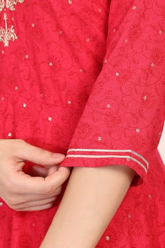 W for Woman Red Floral Print Zari Embroidered A-Line Kurta with Straight Pant (WS10102-125168-L)
