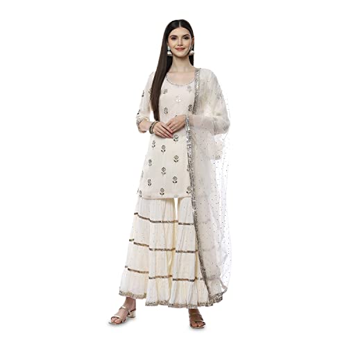 BIBA WOMEN EMBROIDERY RELAXED SALWAR KURTA DUPATTA(SKDKINARI7948_IVORY_42)