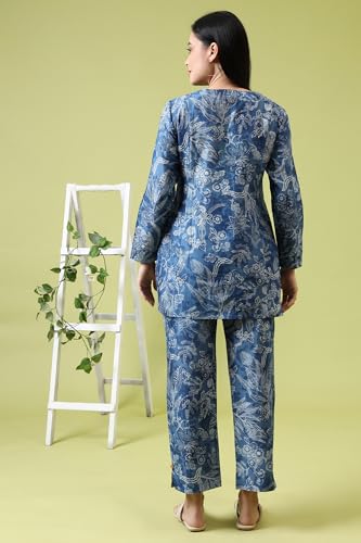 W for Woman Blue Floral Printed Pure Cotton Tunic and Pants Co-ord Set (Size: XS)-WS31228-124187