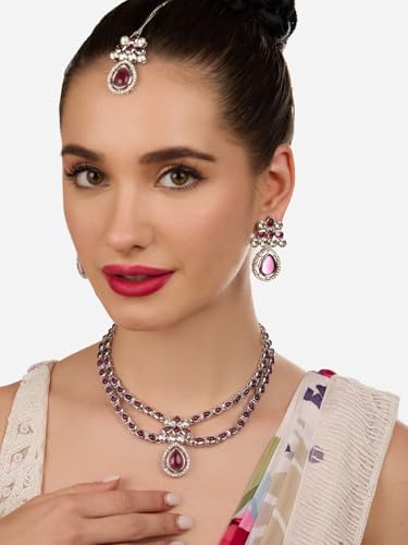 Ami Purple Stones Dazzling Austrian Diamonds Necklace Earring and Maangtikka Set For Women-ZPFK19470
