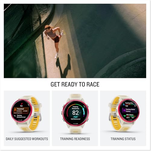 Garmin® Forerunner® 570, 42mm, Advanced GPS Running and Triathlon Smartwatch, AMOLED Display, Training and Recovery Features, Raspberry Aluminum with Translucent Bone/Mango Band