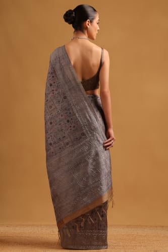 Soch Womens Grey Tussar Kantha Embroidered Warli Saree