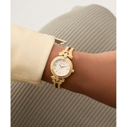 Guess Gb Delphine Analog Watch for Woman with White Round Dial & Gold Tone Recycled Steel Bracelet Band Water Resistant Women's Wrist Watches - GW0864L2