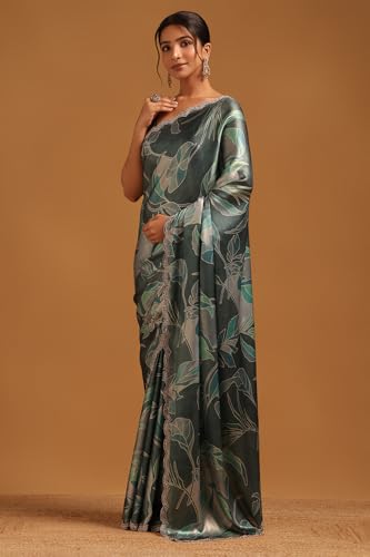 Soch Womens Teal Satin Botanical Saree With Stone Work