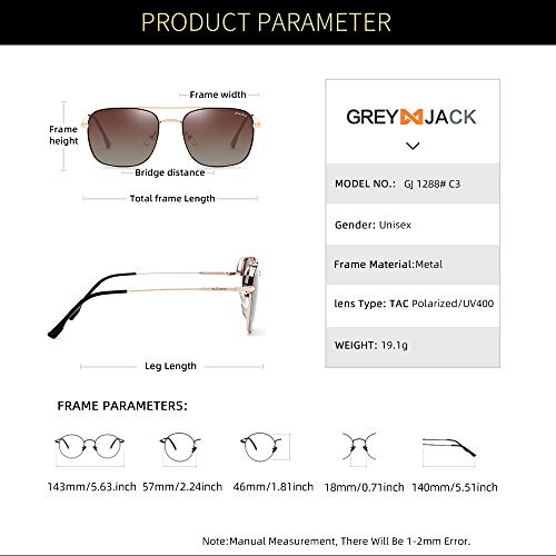grey jack Square Polarized Sunglasses UV Protected for Men Women Metal Frame GJ1288 Golden(brown) Frame Gradient Brown Lens
