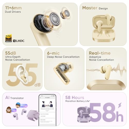 realme Buds Air 8,11mm+6mm Dual Dynamic Bass Drivers,58Hrs Playtime, 55dB ANC,6 Mic ENC, 45ms Low Latency, 360° Spatial Audio, Hi-Res LHDC, IP55 Dust & Water Resistant, BT V5.4 (Master Grey)