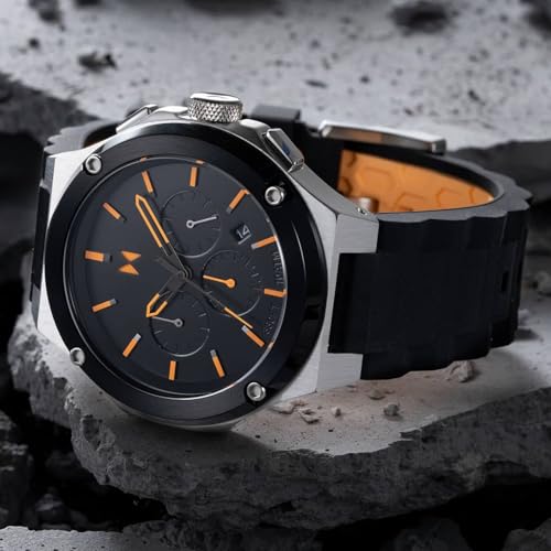 MVMT Raptor Qtz Fashion Analog Chrono Black Round Dial Men's Watch, Black & Orange Silicone Material, Black Band - 28000300-D