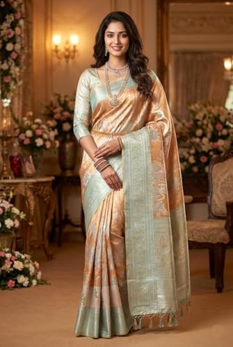 VFCollections Women's Traditional Handloom Kanchipuram Silk Pure - Royal Collections - Pattu Sarees | Rich Zari Woven Design | Bridal Saree | Unstitched Blouse (VFC737-2)